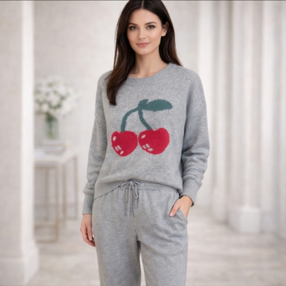 Grey Crewneck Sweater with Cherry Motif